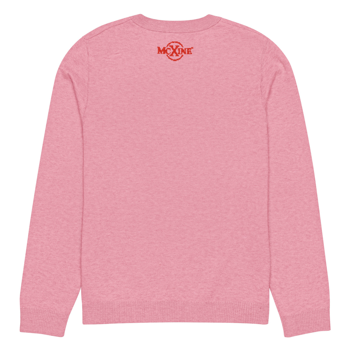 Pink knitted jumper, back view with McXine logo at the neck