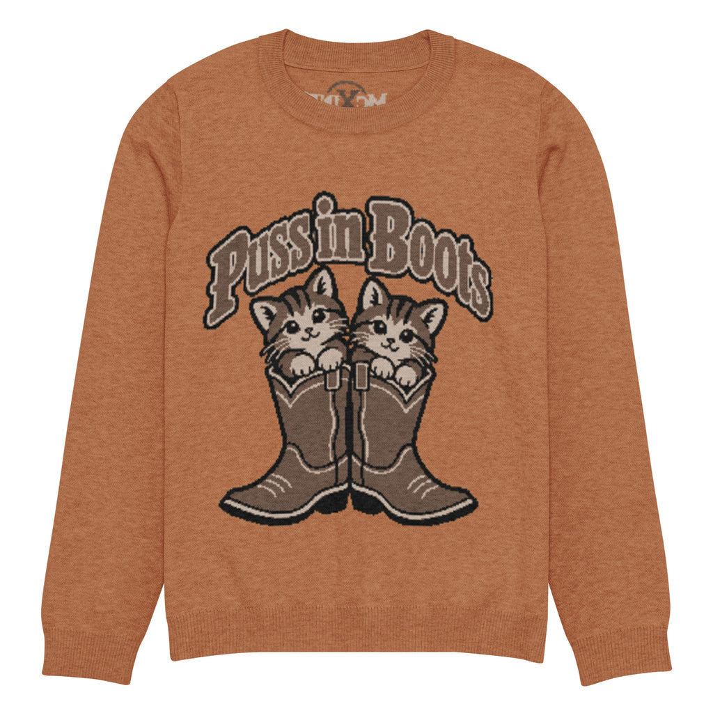 Puss in Boots kittens knitted jumper in rust, front view