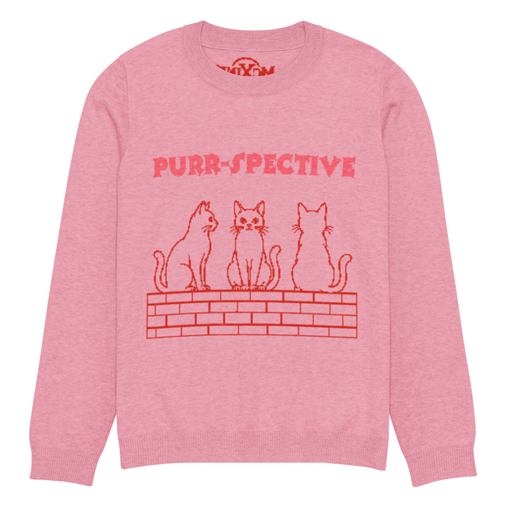 Pink Purr-spective cat knitted jumper, front view