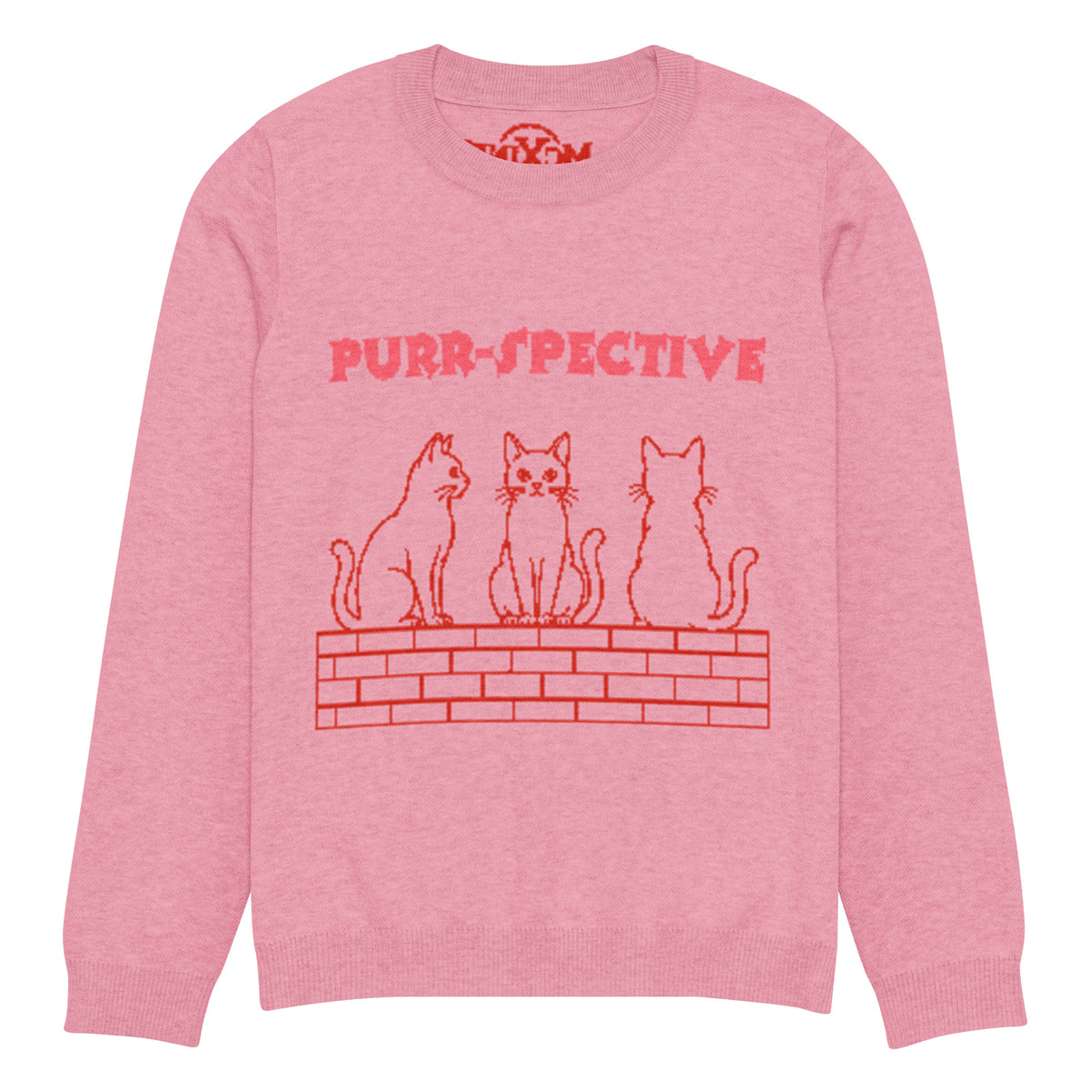 Pink Purr-spective cat knitted jumper, front view