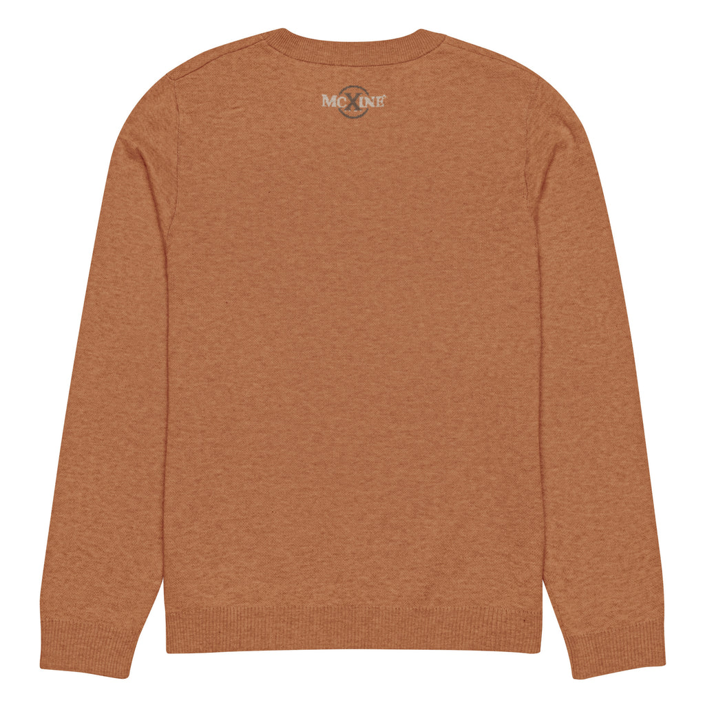 Rust knitted crew-neck jumper, back view