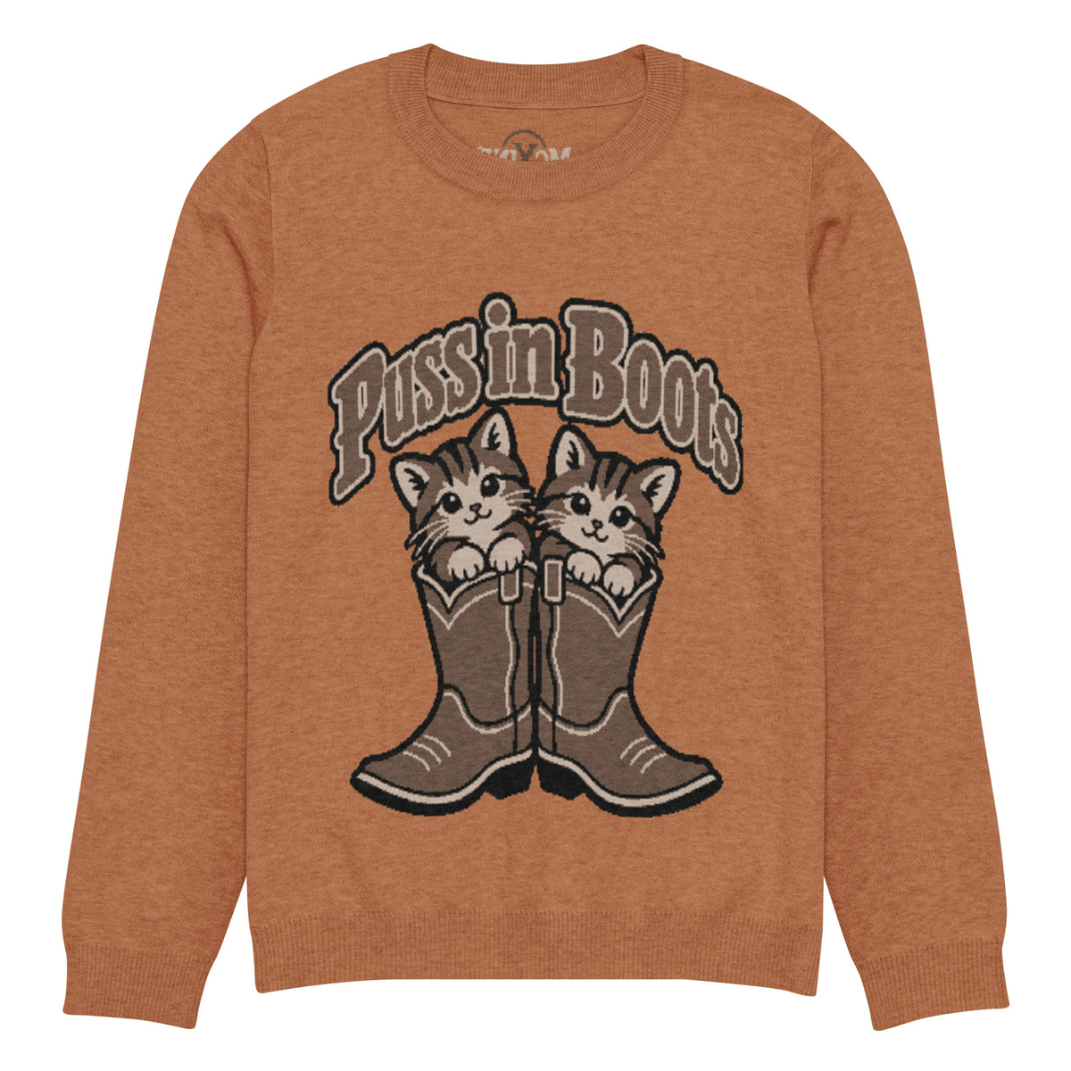 Puss in Boots kittens knitted jumper in rust, front view