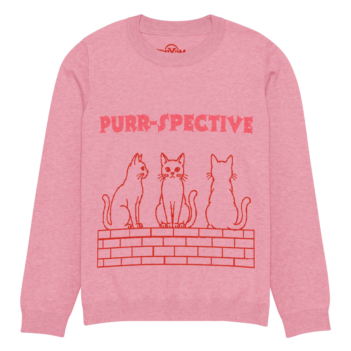 Pink Purr-spective cat knitted jumper, front view