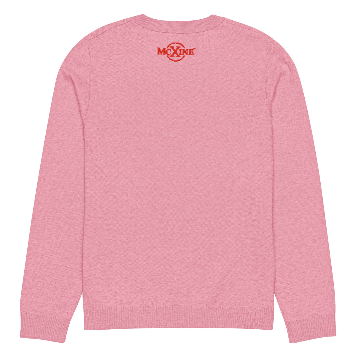 Pink knitted jumper, back view with McXine logo at the neck