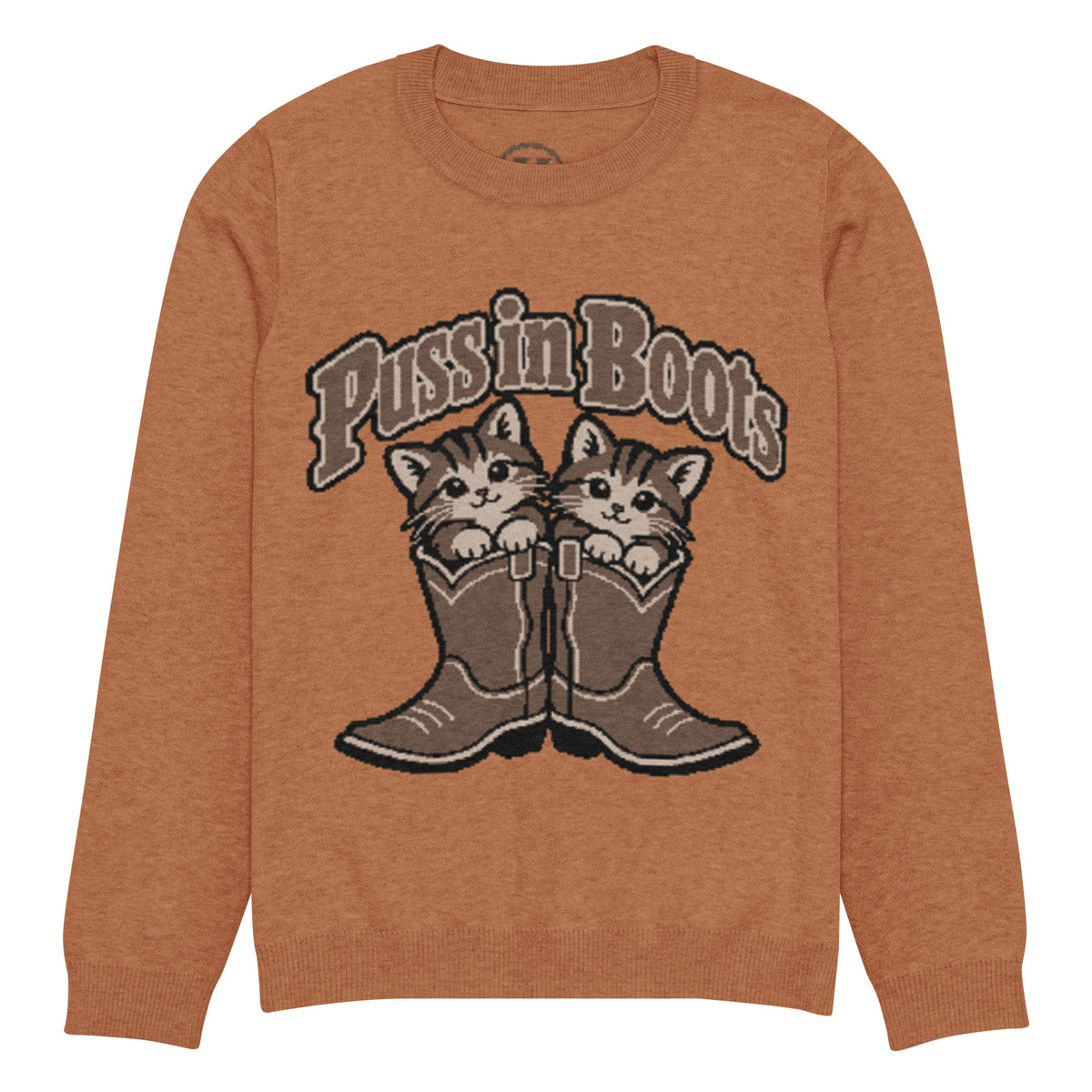 Puss in Boots kittens knitted jumper in rust, front view