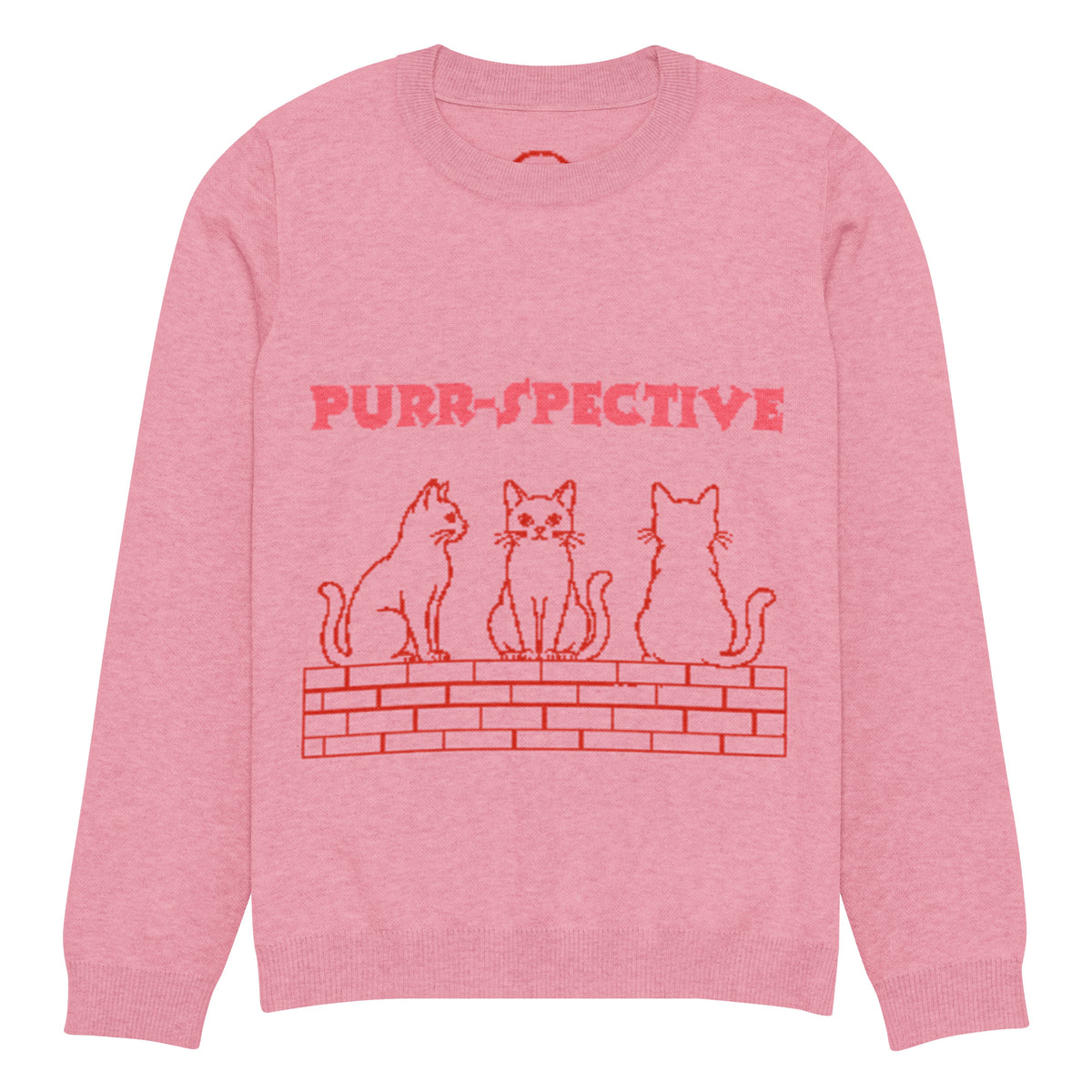 Pink Purr-spective cat knitted jumper, front view
