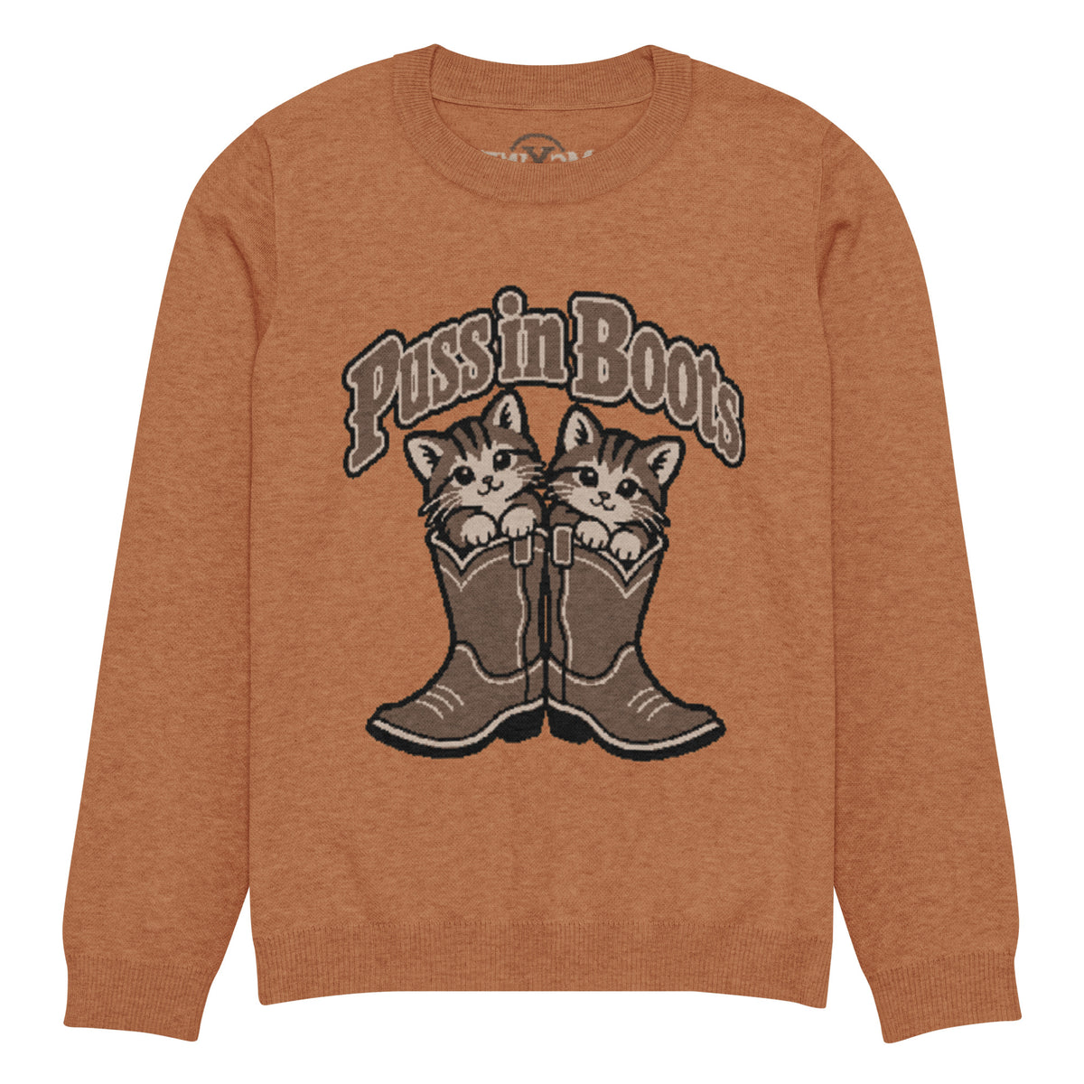 Puss in Boots kittens knitted jumper in rust, front view