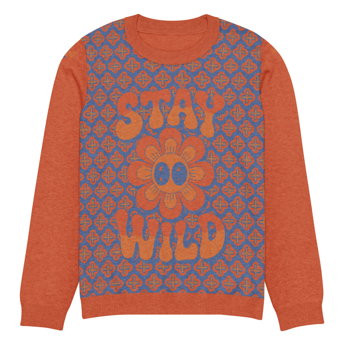Stay Wild retro flower knitted jumper in orange and blue, product mockup
