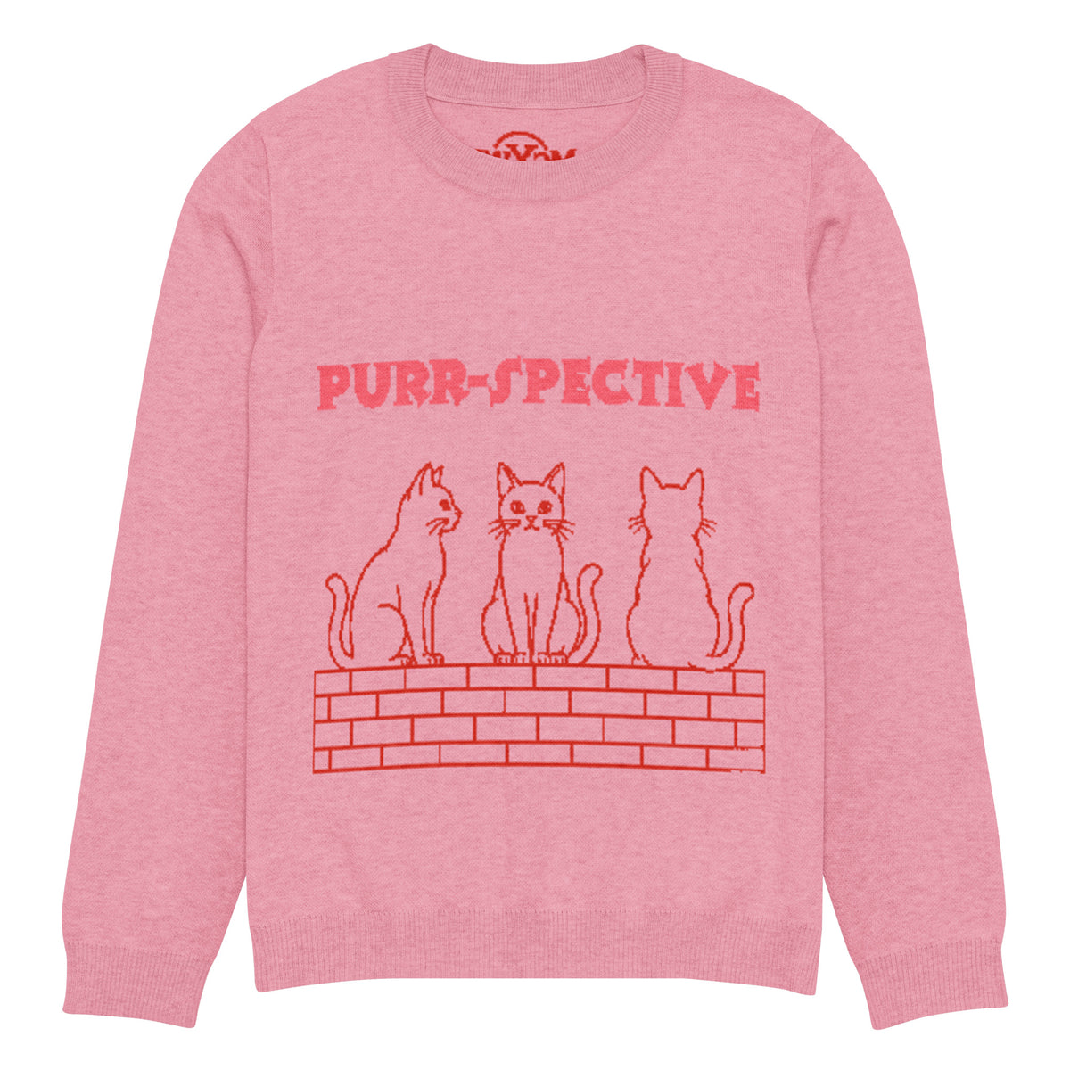Pink Purr-spective cat knitted jumper, front view