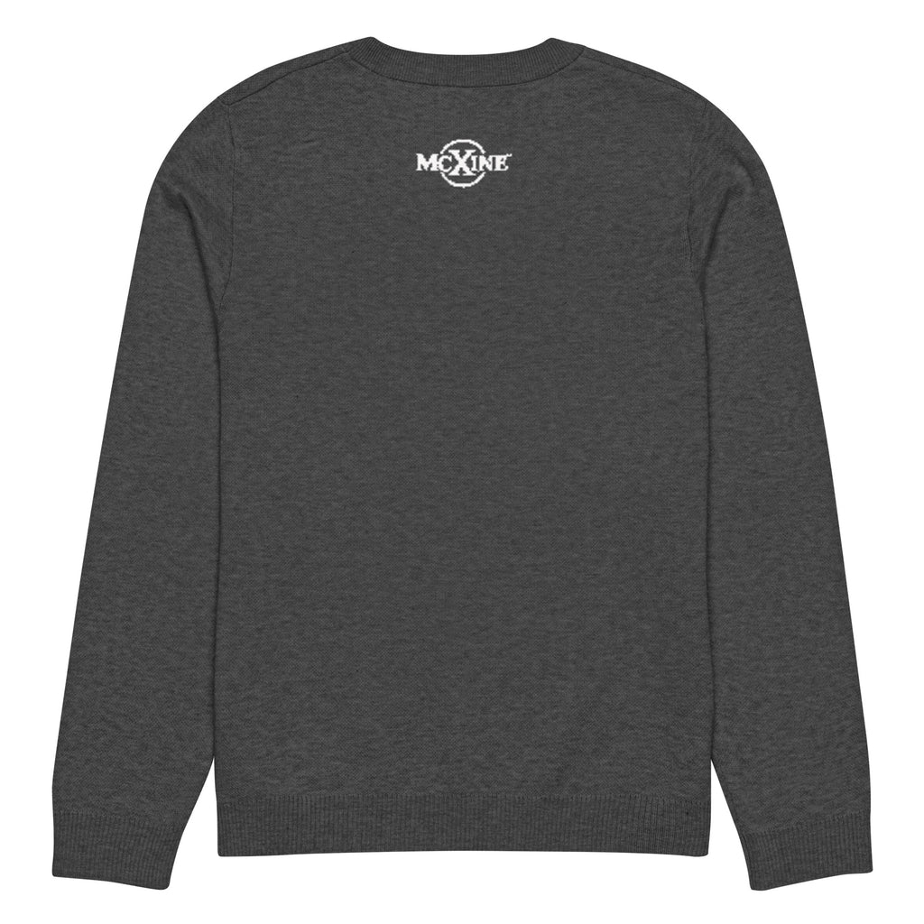 Charcoal knitted crew-neck jumper, back view with MC X INE logo at the neck