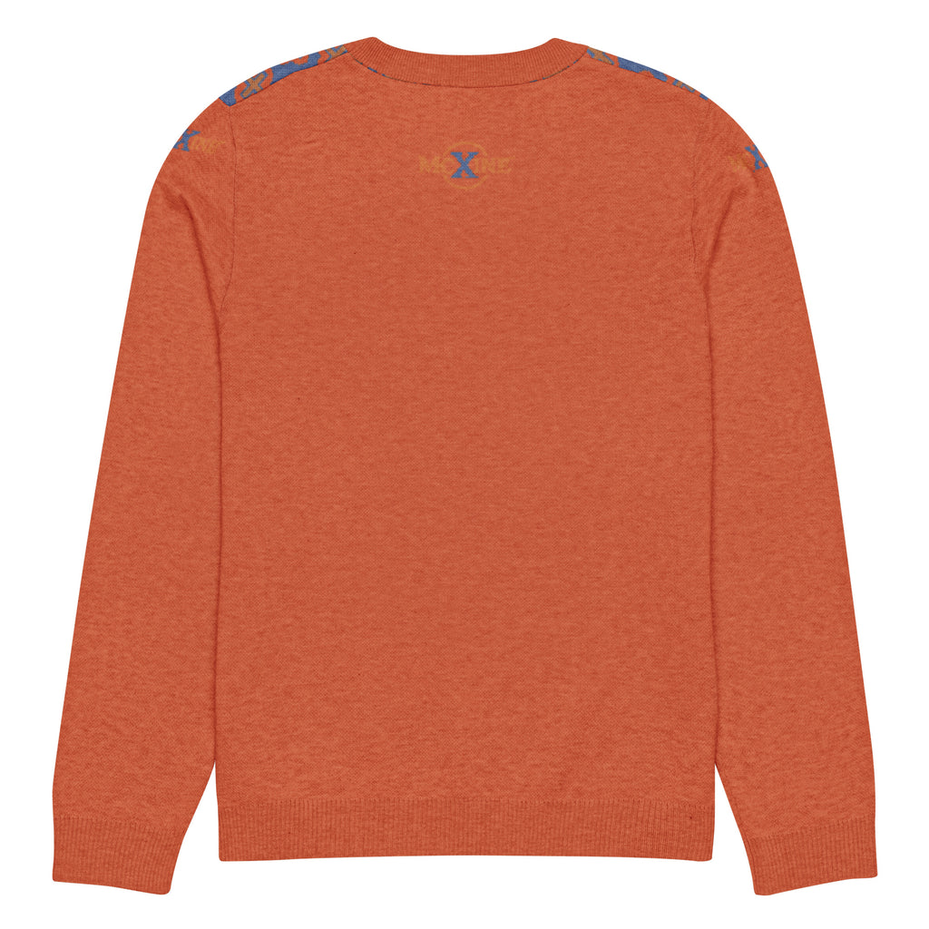 Stay Wild retro flower knitted jumper in orange and blue, product mockup