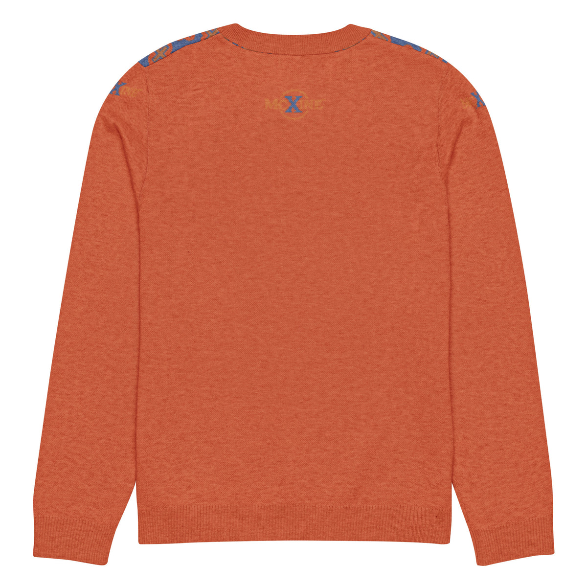 Stay Wild retro flower knitted jumper in orange and blue, product mockup