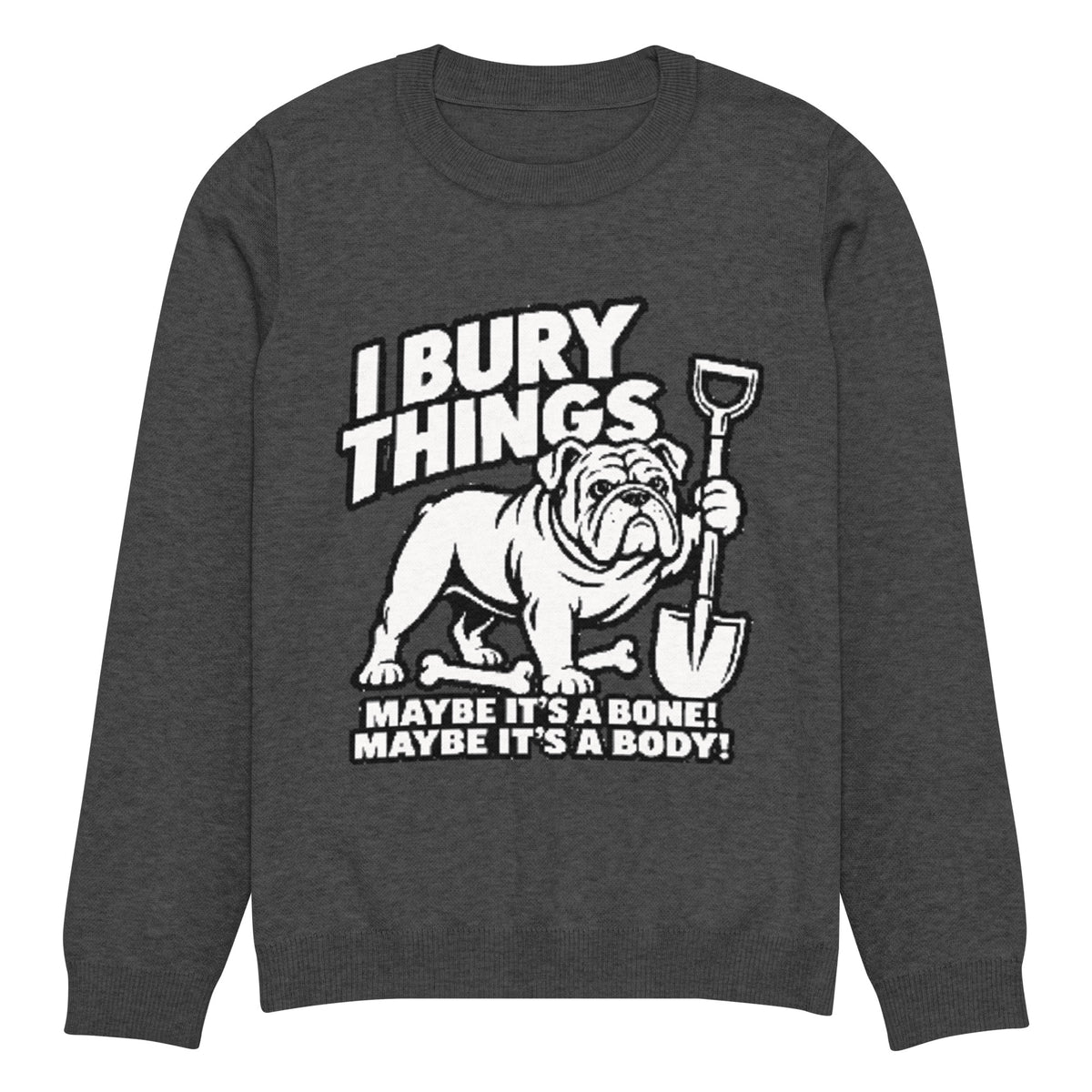 I Bury Things bulldog knitted jumper in charcoal, front view