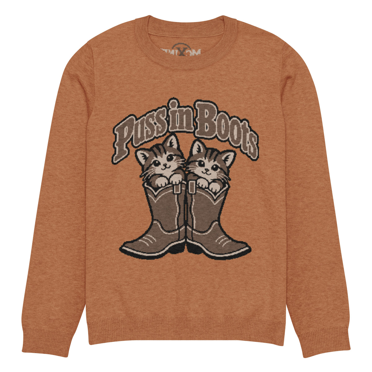 Puss in Boots kittens knitted jumper in rust, front view