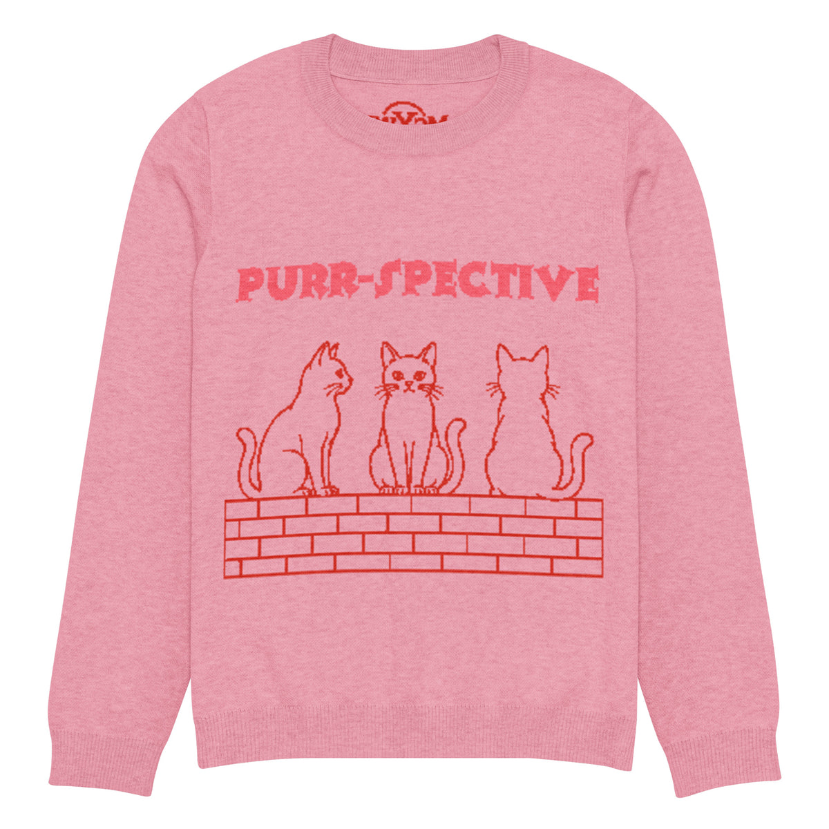 Pink Purr-spective cat knitted jumper, front view