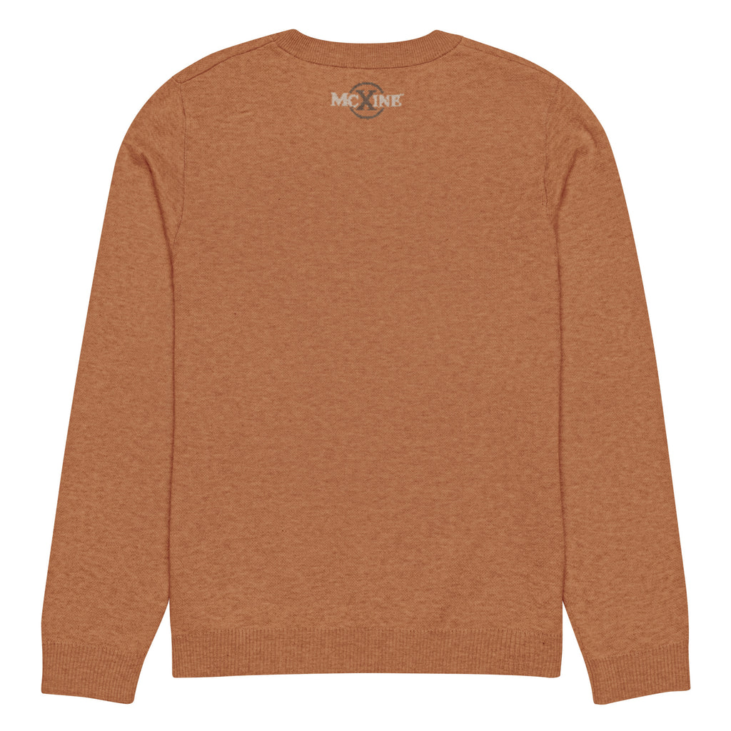Rust knitted crew-neck jumper, back view