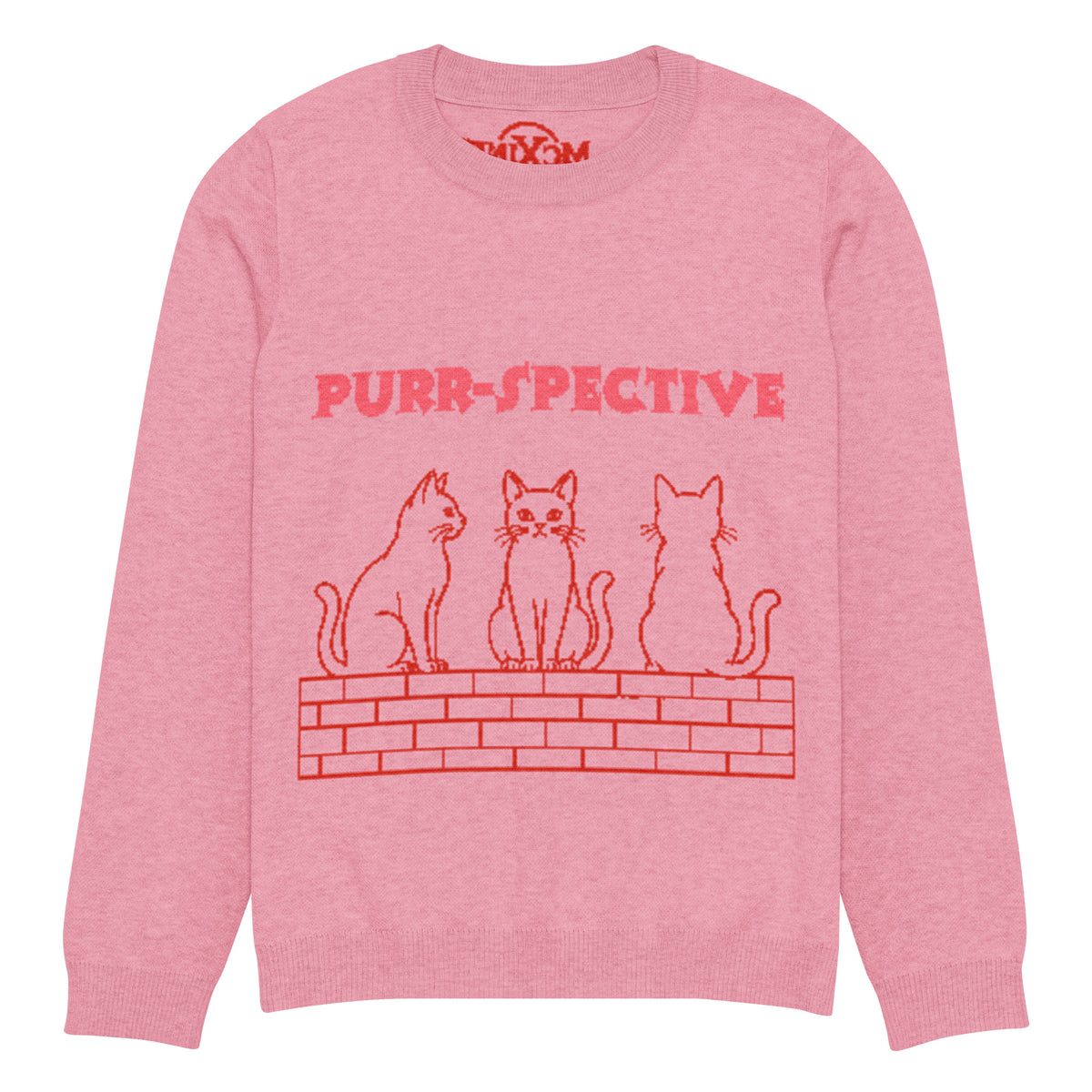 Pink Purr-spective cat knitted jumper, front view