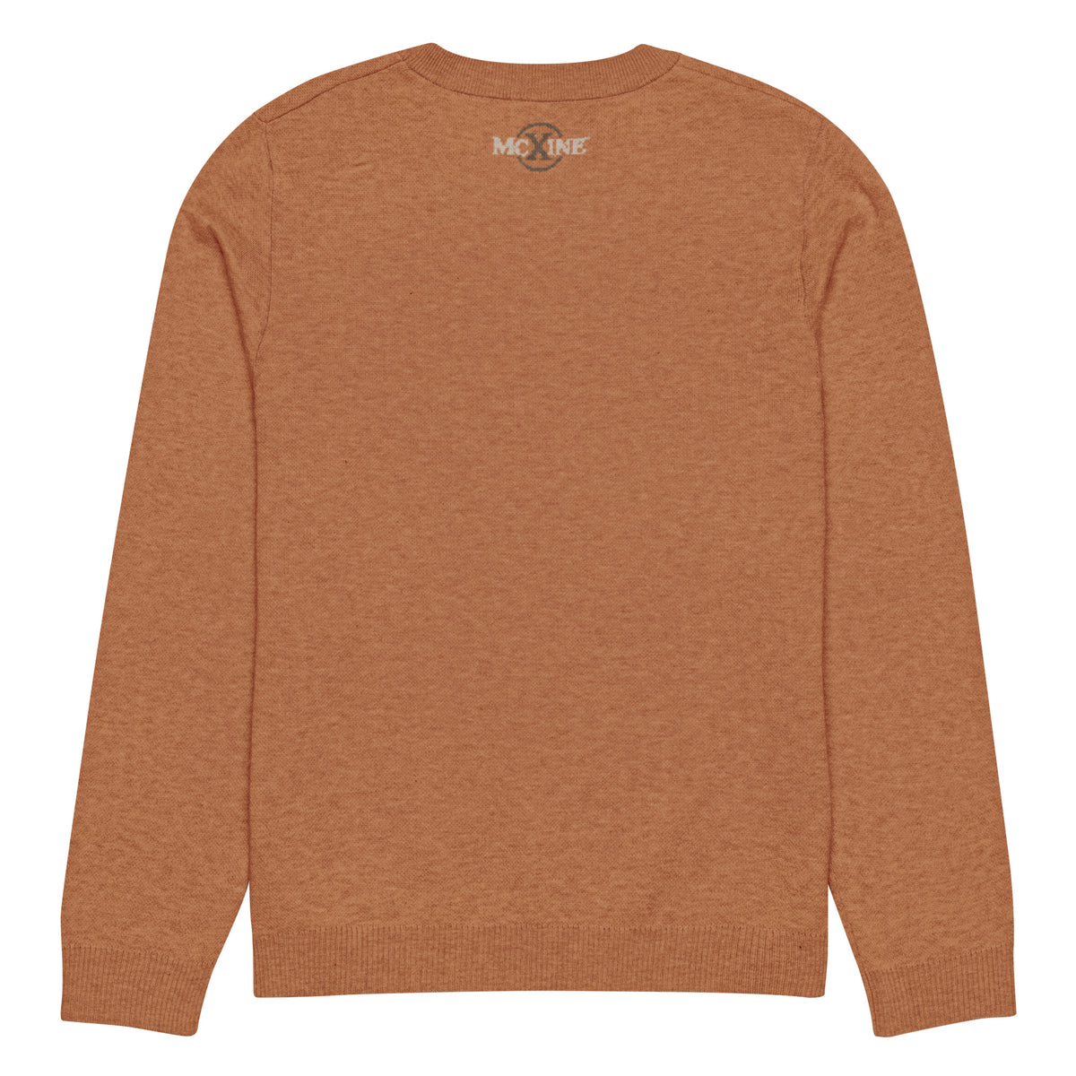 Rust knitted crew-neck jumper, back view