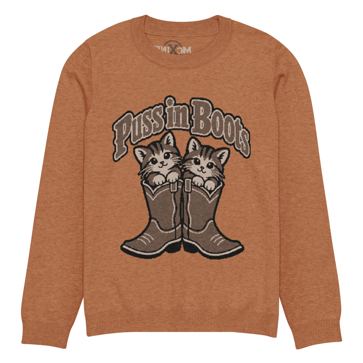 Puss in Boots kittens knitted jumper in rust, front view