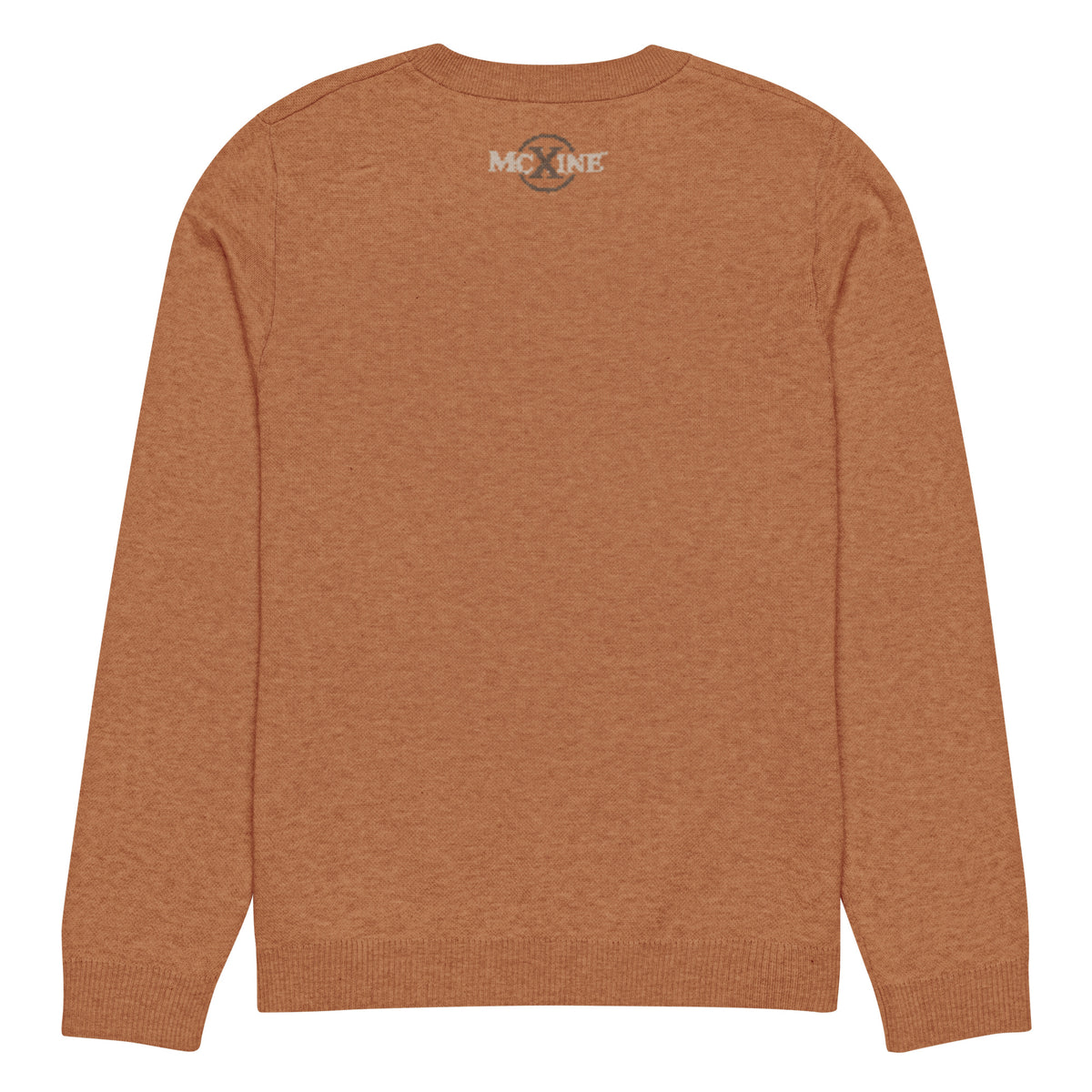 Rust knitted crew-neck jumper, back view
