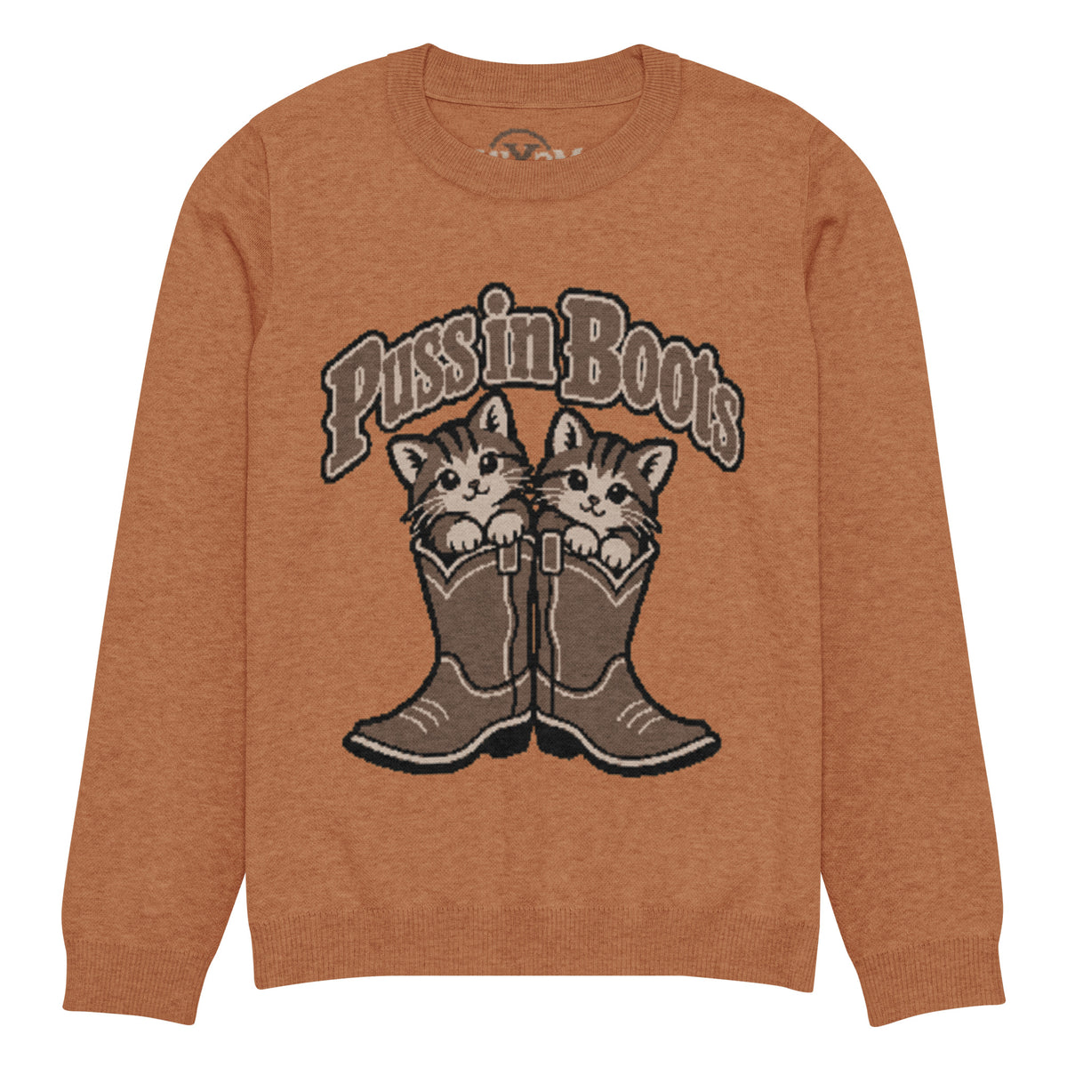 Puss in Boots kittens knitted jumper in rust, front view