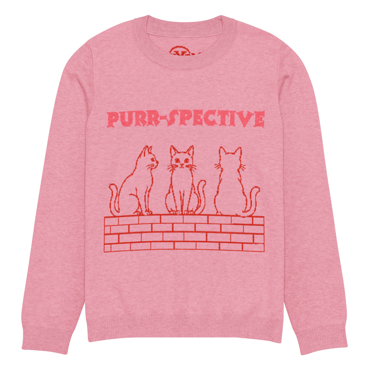 Pink Purr-spective cat knitted jumper, front view