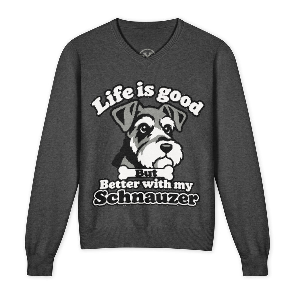 Life Is Good But Better With My Schnauzer knitted V-neck jumper in charcoal, front view