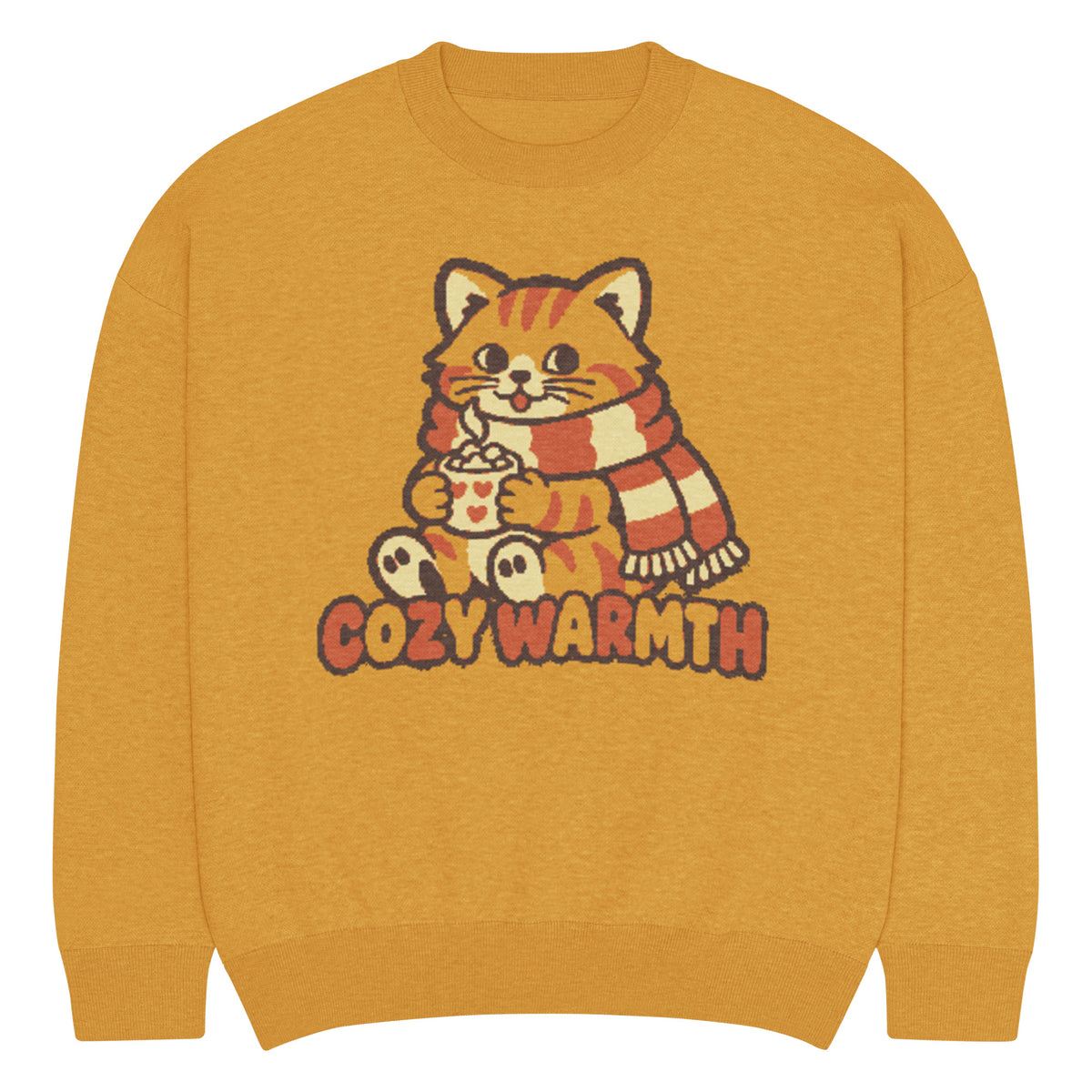 Cozy Warmth cat knitted jumper, mustard yellow, unisex – image 1