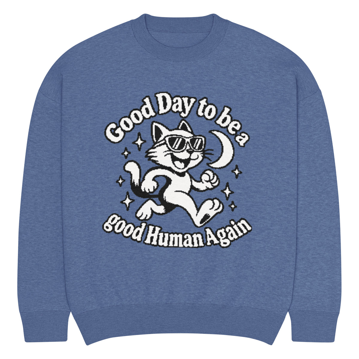 Good Day to Be a Good Human Again cat knitted jumper in heather blue, front view